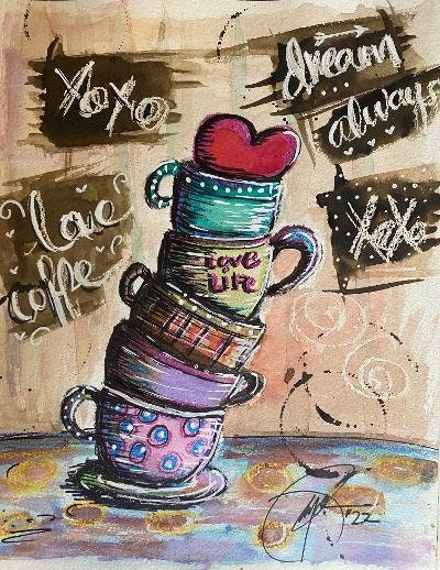 Coffee mug tower watercolor paining (digital download)