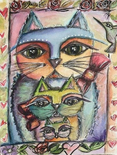 Cat family watercolor painting (digital download)